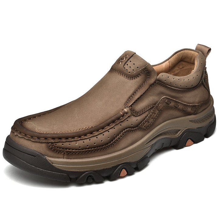 Men's Casual Orthopedic Slip-On Shoes in brown leather, providing comfort and posture support for walking.