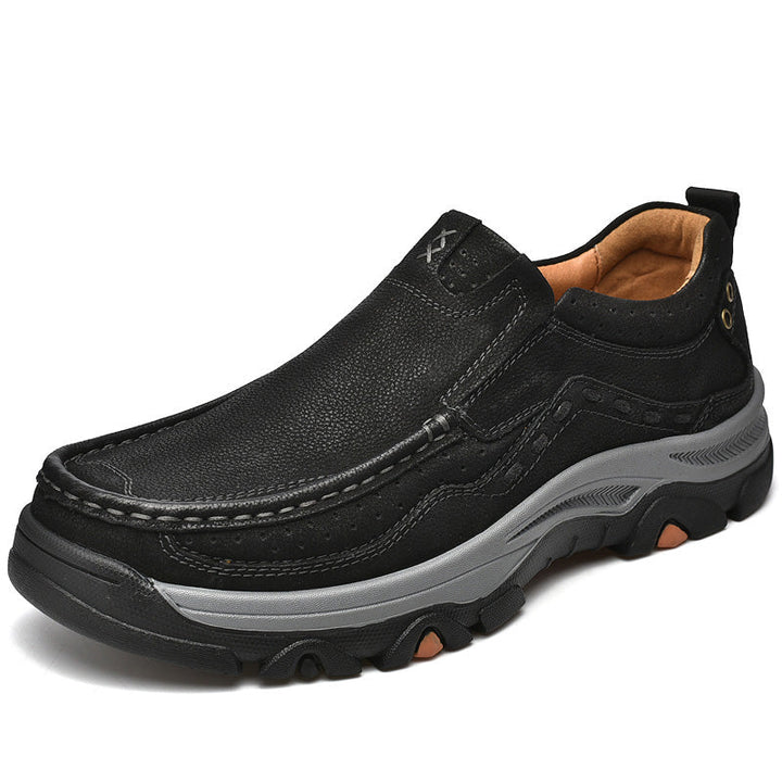 Men's brown leather orthopedic slip-on shoes, combining casual style with superior walking comfort.
