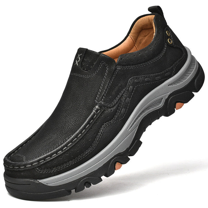 Black leather men's comfortable casual slip-ons, with orthopedic features for daily wear and posture support.