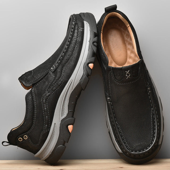 Orthopedic brown leather men's slip-on shoes, perfect for casual wear and providing ultimate walking comfort.