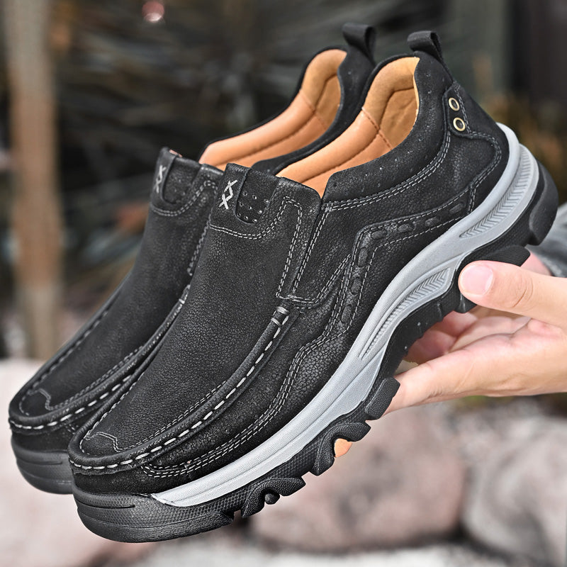 Brown leather men's slip-on shoes with orthopedic insoles, great for casual comfort and walking stability.