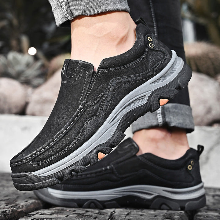 Men's orthopedic brown slip-on shoes, crafted from soft leather, assuring comfortable casual walking.