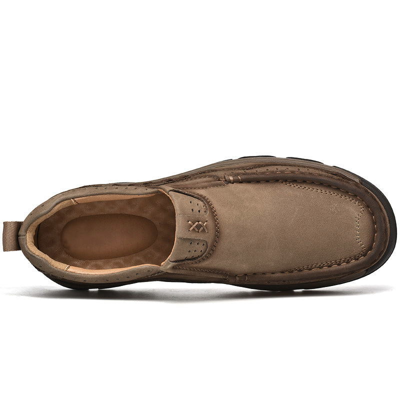 Brown men's orthopedic slip-ons, crafted from quality leather, ensuring comfortable all-day walking.
