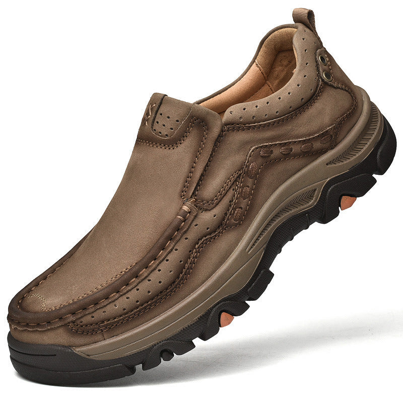 Men's casual brown leather shoes, slip-on style, with orthopedic features for improved posture and comfort.