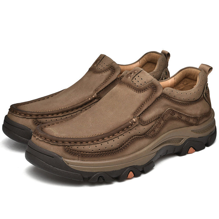 Orthopedic black leather slip-on shoes for men, perfect for casual outings and extended comfortable walking.