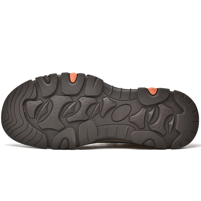 Detail view of black leather men's casual orthopedic slip-on, emphasizing material and comfortable design.