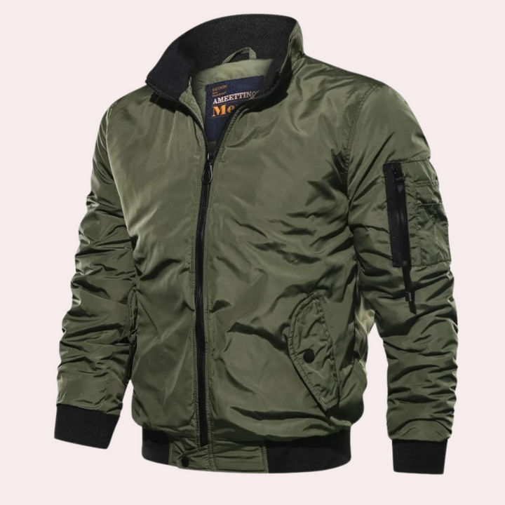 Men's classic black bomber jacket with full zipper, perfect for casual fall or spring outerwear