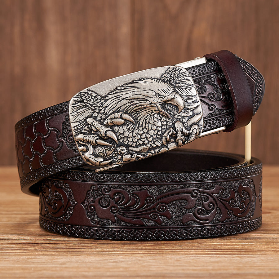 Close-up of the automatic buckle on a mens premium leather belt, highlighting the sophisticated design.