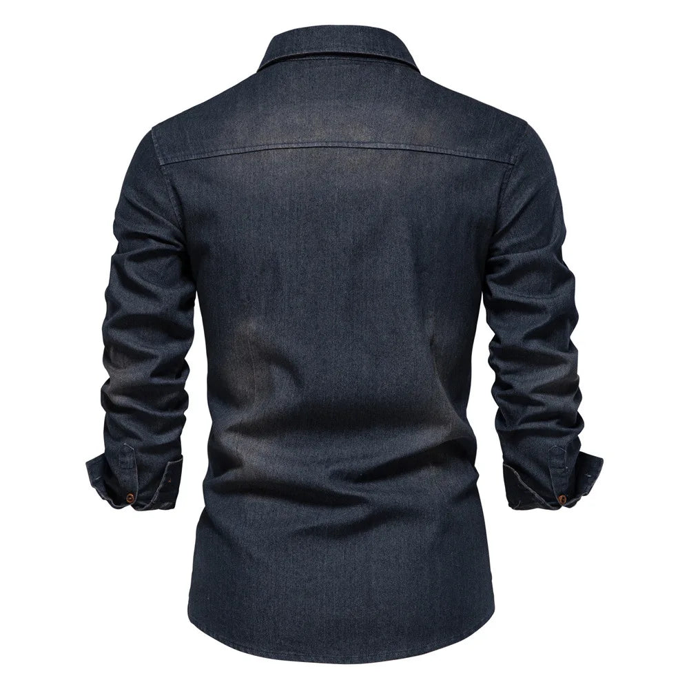 Versatile men's long sleeve denim shirt with classic button-up design