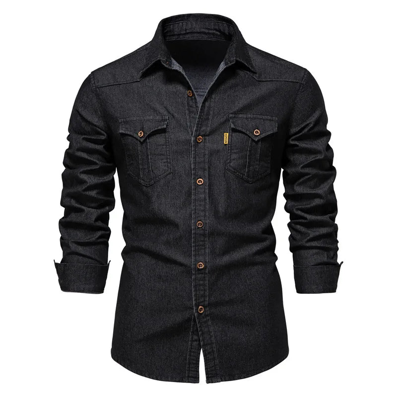 Casual men's blue denim shirt, perfect for everyday wear, button-up front