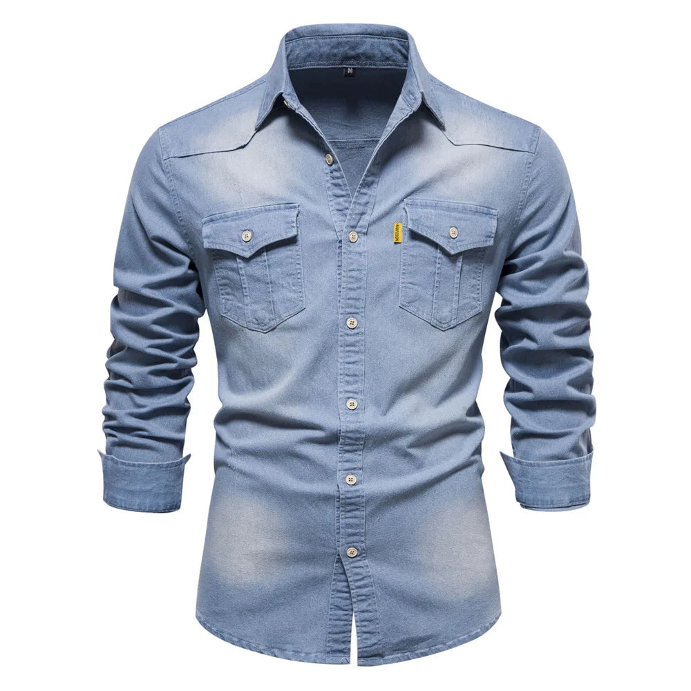 Blue denim men's shirt, classic button-up style, functional and versatile