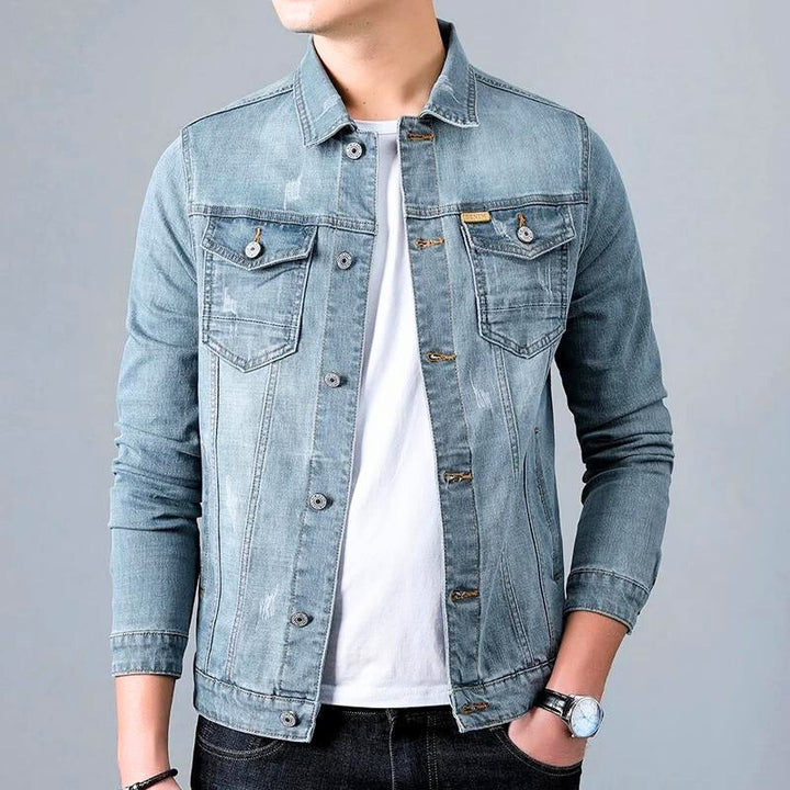 Fashionable men's casual tapered denim jacket in a versatile blue shade, a must-have outerwear