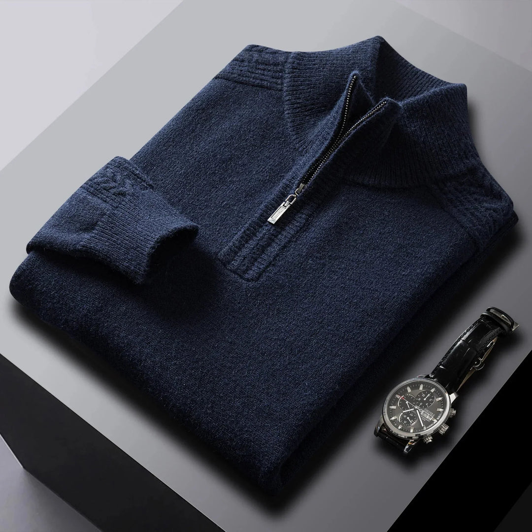 Knitted men's wool blend sweater with a quarter-zip collar, ideal for cold weather and casual fashion.