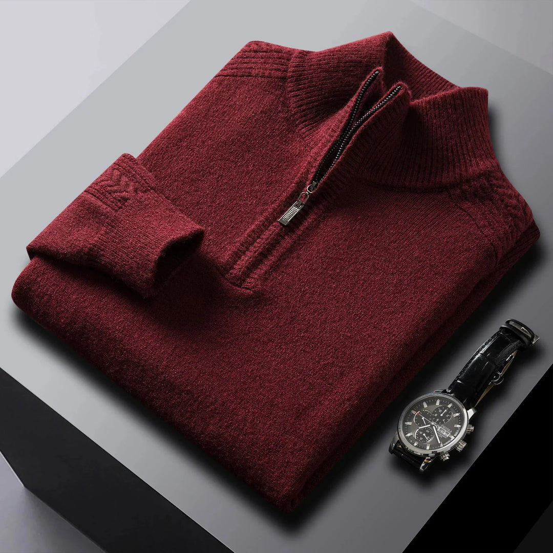 Fashionable men's cable knit quarter-zip sweater, a versatile layered piece for winter outfits.