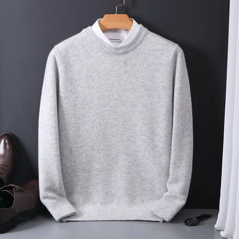 Warm men's knit crew neck pullover sweater in a classic solid color. Ideal comfortable layer for winter fashion & fall apparel.
