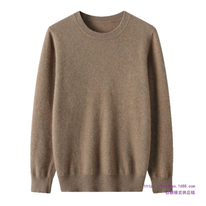 Stack of folded men's cashmere blend crewneck sweaters in various colors, soft and premium