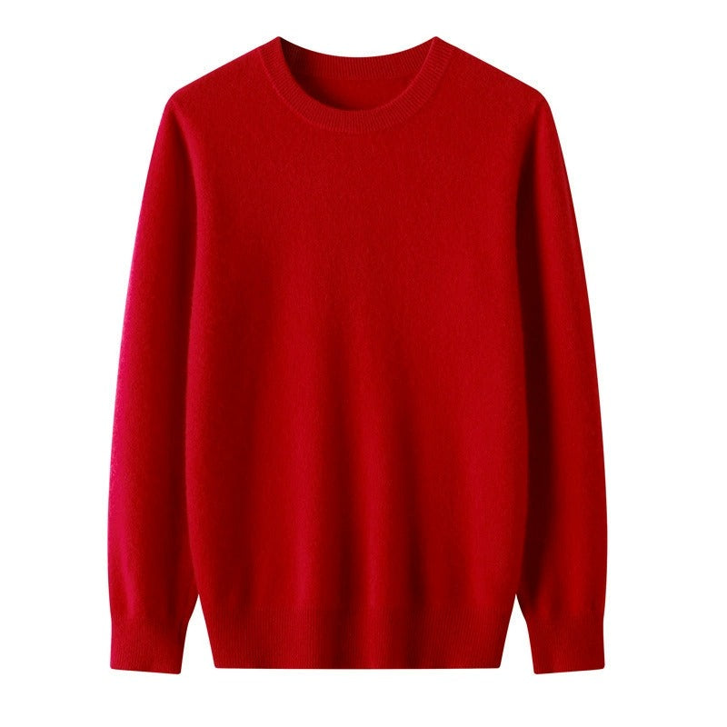 Men's premium cashmere blend crewneck sweater displayed on a hanger, ready for winter fashion