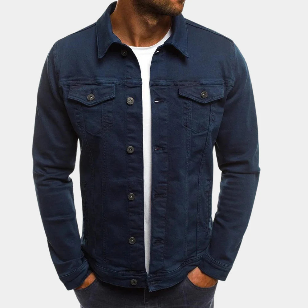 Stylish men's blue denim jacket with a classic fit, an essential for timeless casual outerwear fashion.