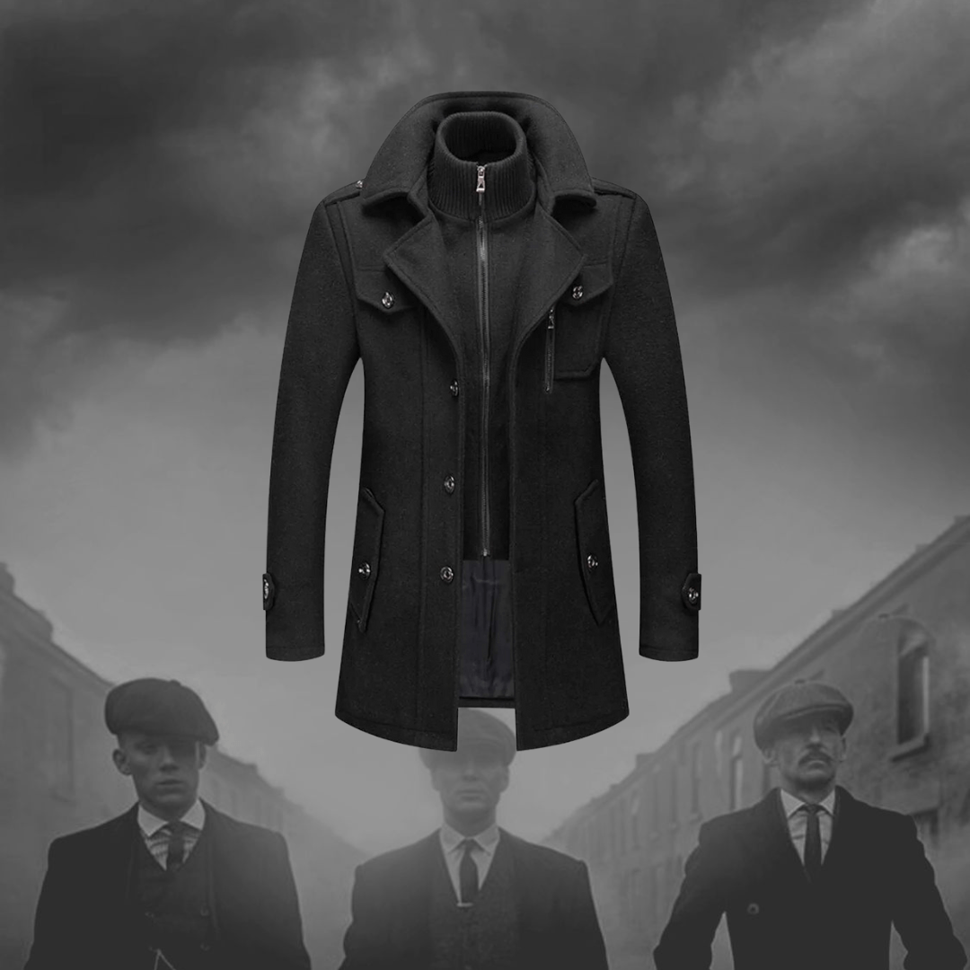 Stylish men's long trench coat with double layer design, perfect for classic cold weather fashion and outerwear.