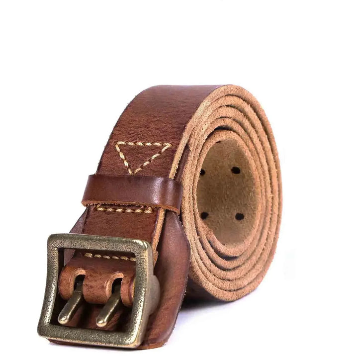 Close-up of a men's classic leather belt, highlighting the genuine material and durable craftsmanship
