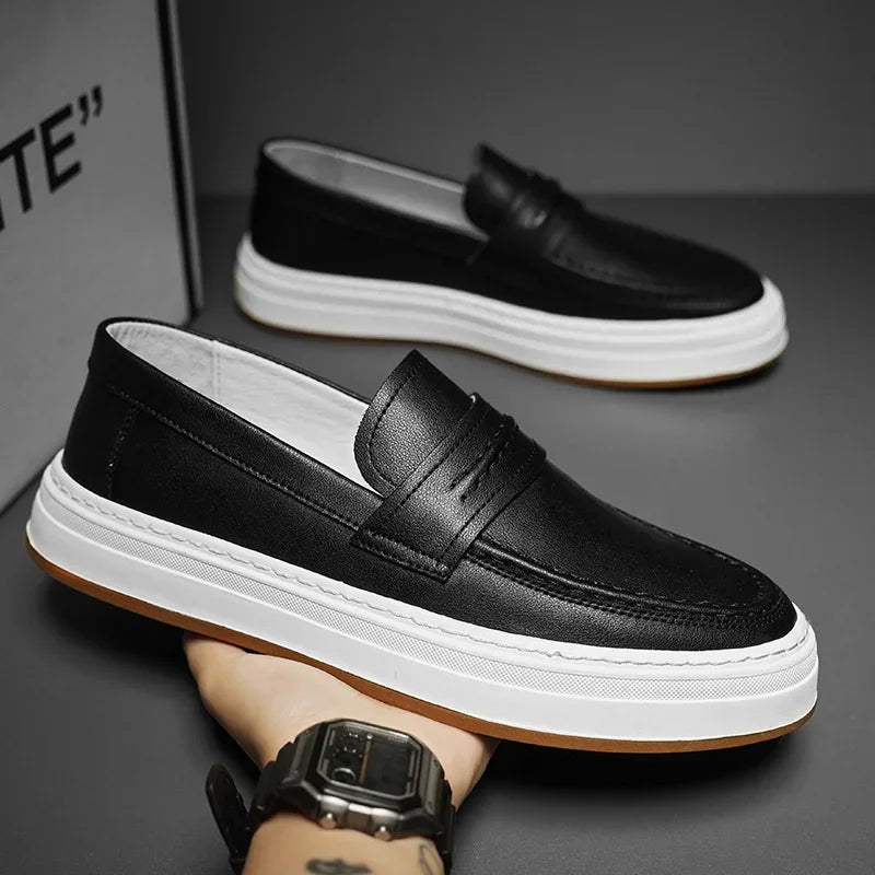Men's classic leather penny loafers with chunky sole, side view