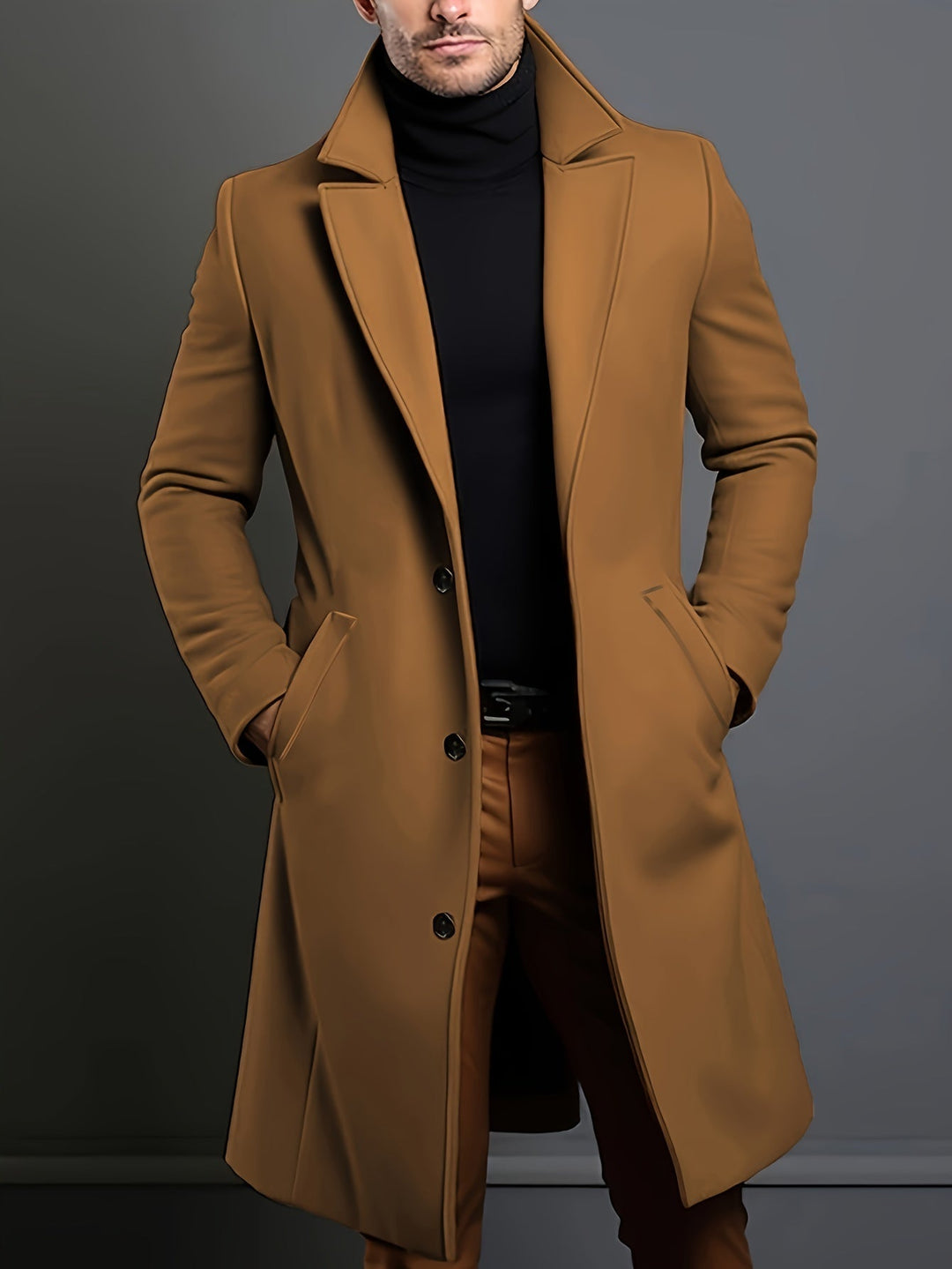 Professional men's tailored long overcoat with a single-breasted lapel. Essential for business casual winter style.