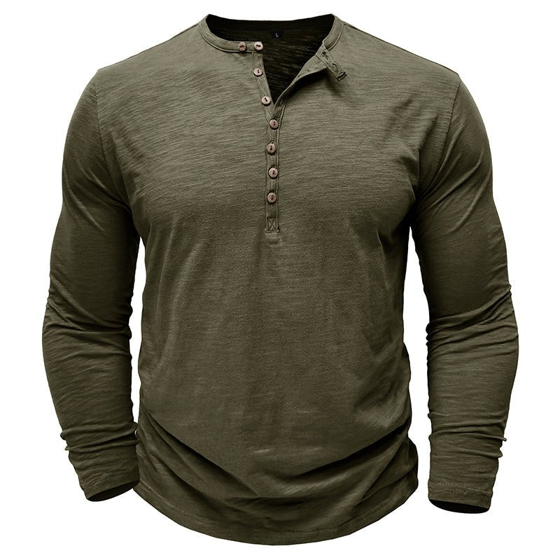 Detail of the stitching on a men's long-sleeve henley, indicating quality and comfortable wear