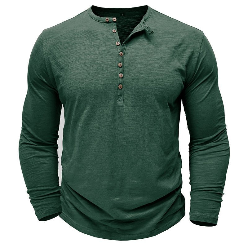 Close-up of the neckline and buttons on a men's classic long-sleeve henley shirt, inviting comfort