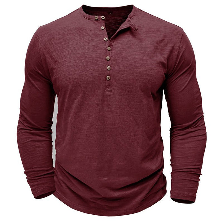 Men's long-sleeve henley shirt in a warm brown tone, perfect for cozy and casual fall fashion