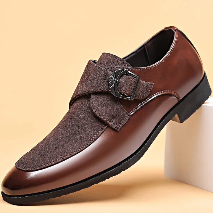 Men's classic monk strap dress shoes in black leather, perfect for formal and smart casual menswear outfits.
