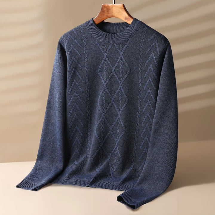 Men's blue cable knit crewneck sweater, a cozy & versatile warm sweater for various occasions.