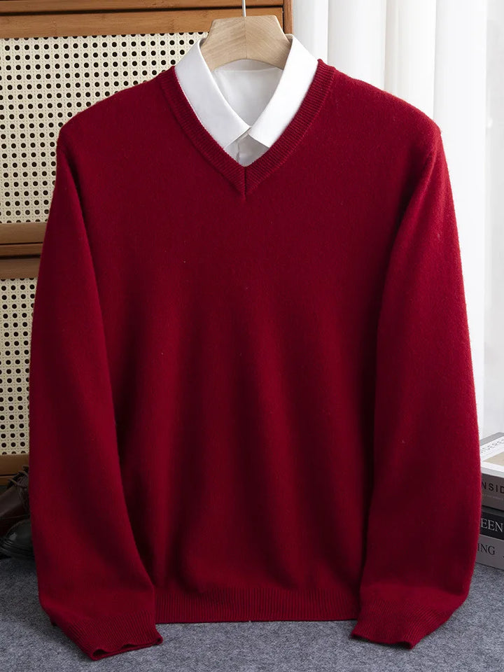 Men's classic red merino wool V-neck sweater, breathable & comfortable knitwear for winter fashion