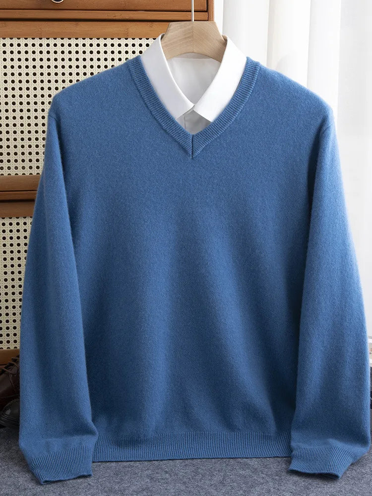 Green V-neck merino wool sweater for men, a classic and breathable choice for winter fashion