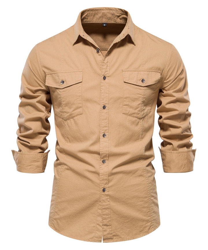 Close-up of the premium fabric of a men's short sleeve casual shirt, highlighting texture.