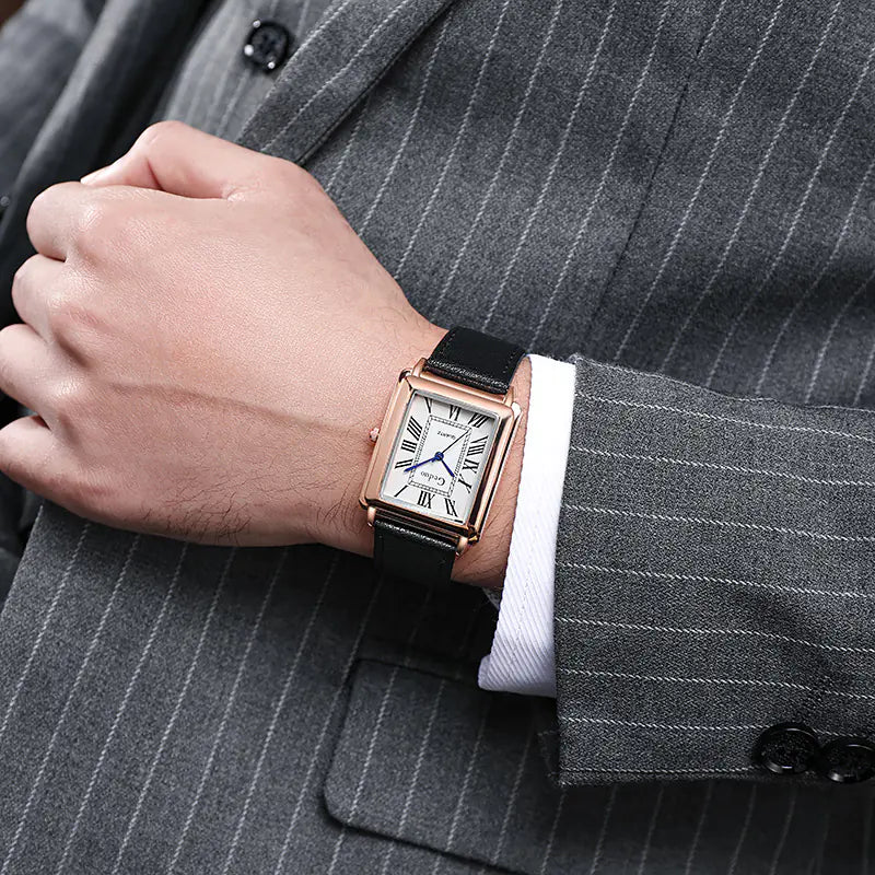 Men's classic square business watch with a black dial and brown leather strap, elegant timepiece.