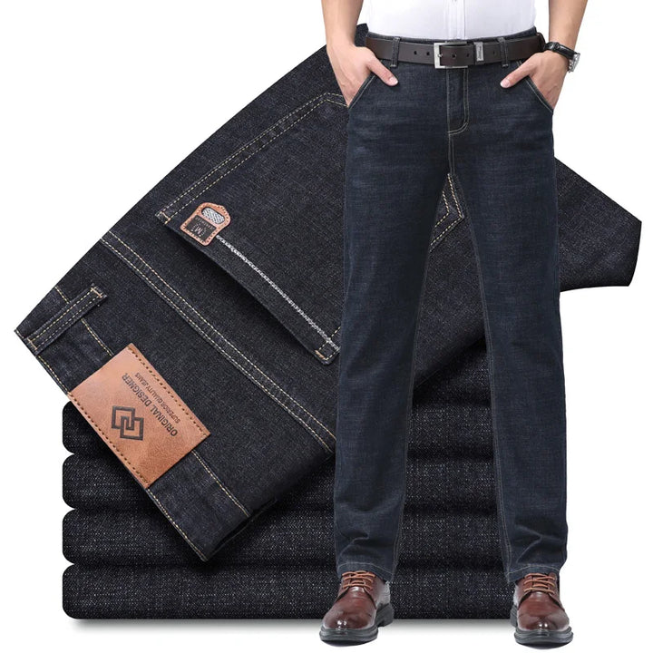 Stylish dark blue men's denim jeans, offering a comfortable straight fit and premium cotton quality.