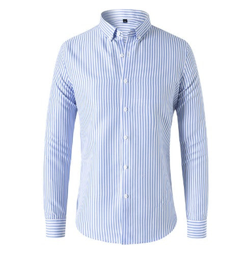 Slim fit men's striped long sleeve shirt, featuring a classic button-down collar, ideal for modern fashion.