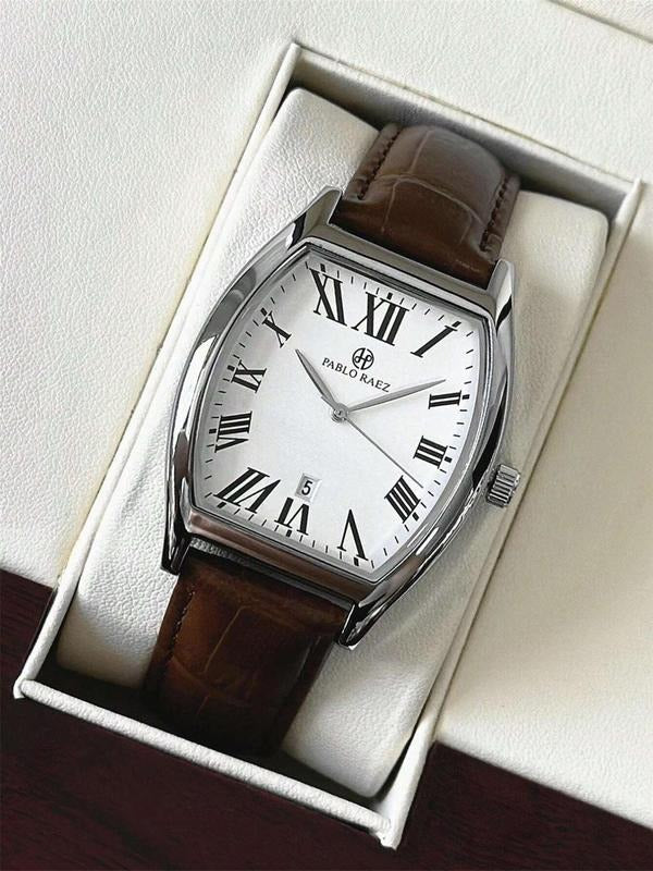 Men's classic tonneau stainless steel watch with black leather strap and Roman numerals, angled view