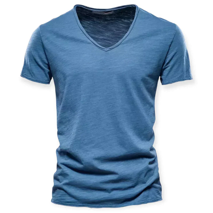 Stylish men's V-neck tee, versatile for casual wear. A comfortable short-sleeve wardrobe essential.