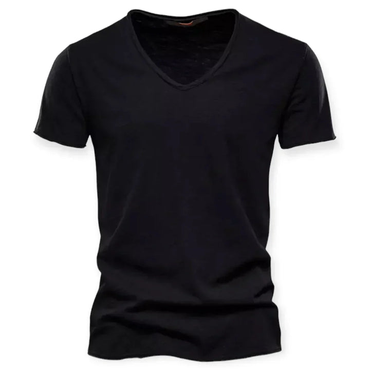 Modern V-neck men's t-shirt, offering stylish short-sleeve comfort for casual everyday apparel.