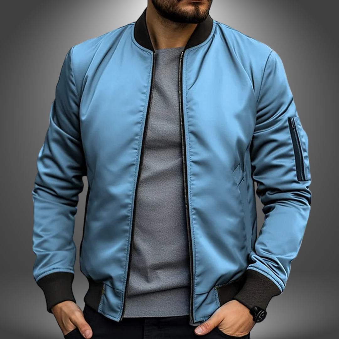 Textured men's mid-season bomber jacket, classic design with ribbed collar, windproof protection.