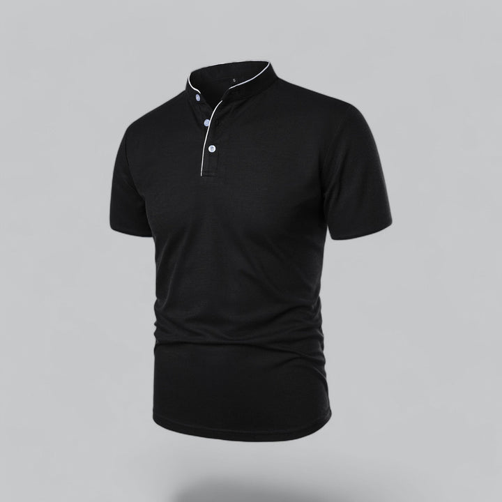 Side view: Men's collarless polo shirt, showcasing short sleeve & contemporary silhouette. Smart casual top.