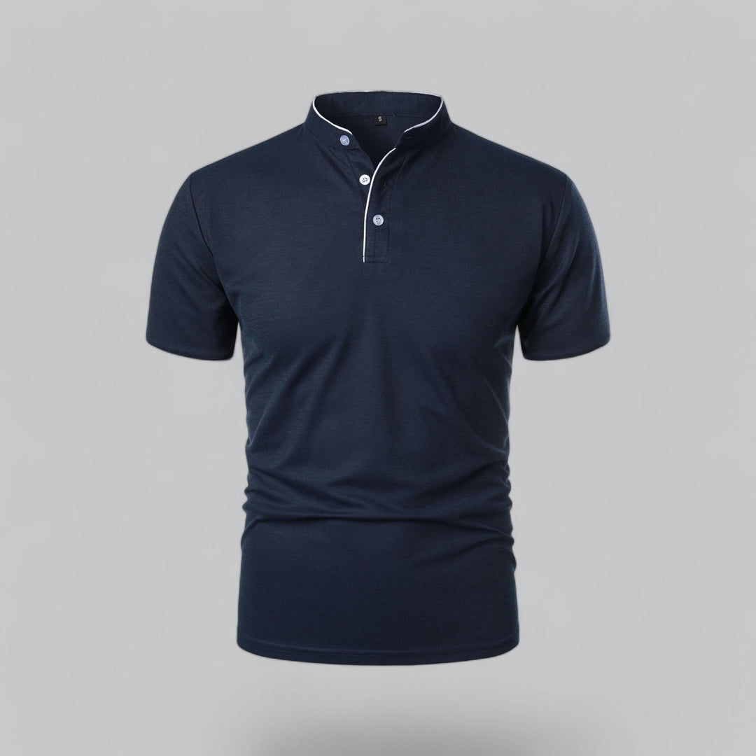 Back view: Men's collarless polo, smooth fabric, comfortable fit, minimalist design. Men's fashion essential.