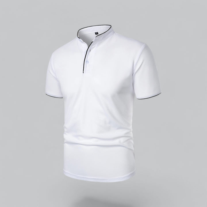 Man sitting comfortably in a short sleeve collarless polo shirt, perfect for casual moments. Everyday wear.