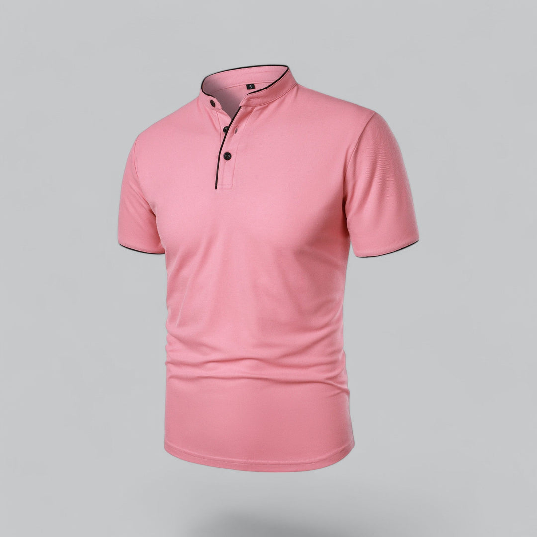 Men's collarless polo shirt with subtle button placket, short sleeve, elegant detailing. Timeless top.