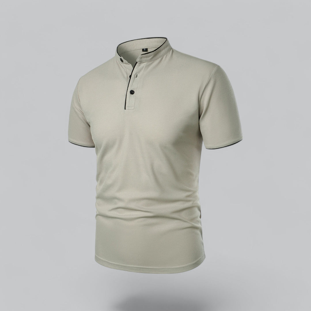 Autumn men's collarless polo shirt, versatile short sleeve, stylish everyday top. Modern fit men's fashion.