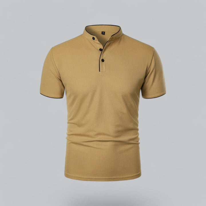 Men's collarless polo shirt with mandarin trim, short sleeve for effortless style & comfort.