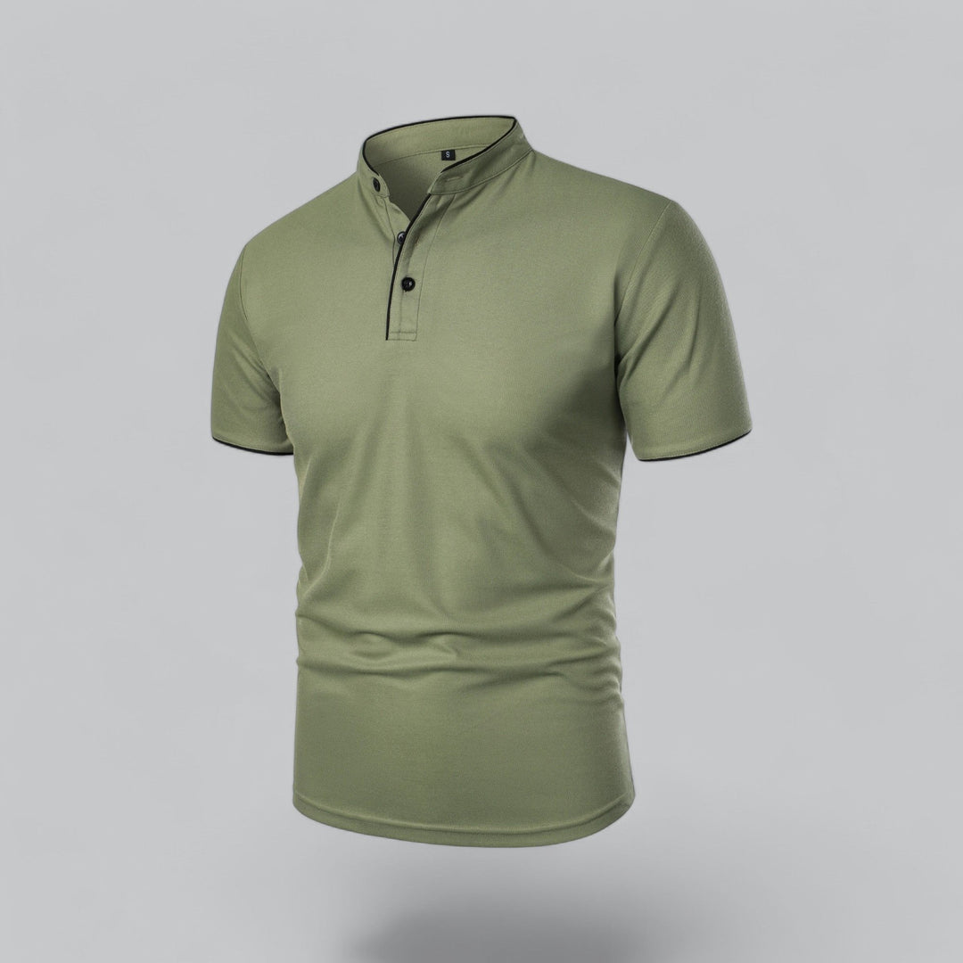 Modern men's collarless polo, short sleeve, smart casual top with a unique mandarin trim.