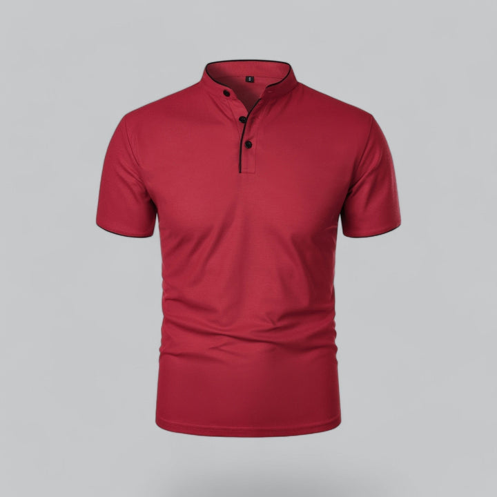 Versatile men's collarless polo shirt, short sleeve, essential for comfortable summer fashion.