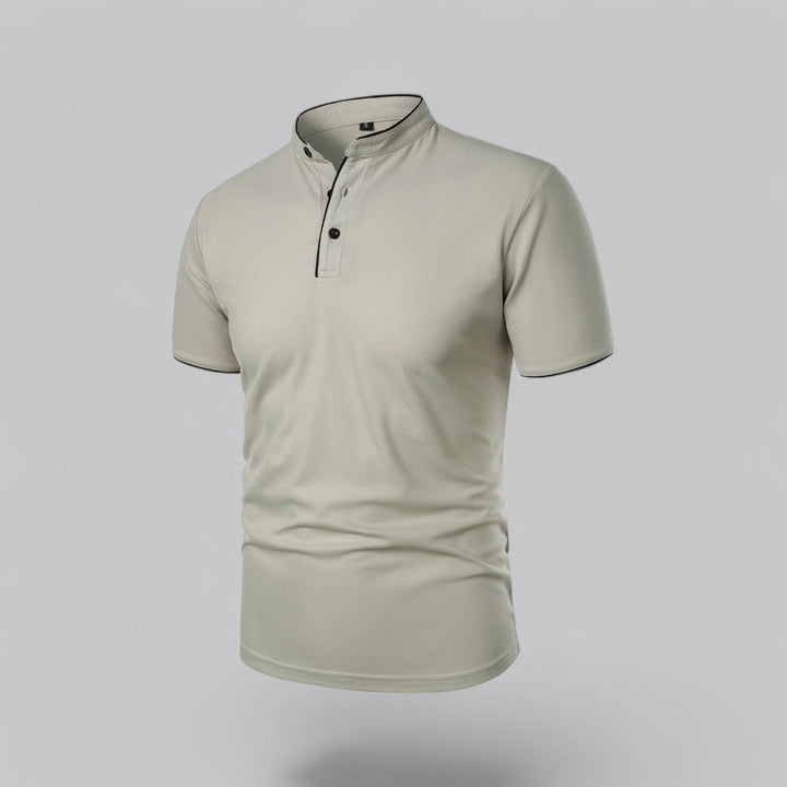 Front view of men's collarless polo shirt, short sleeve, relaxed fit, ideal for casual wear.